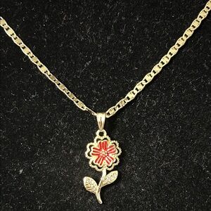 Chic Gold Necklace with Red Floral Pendant